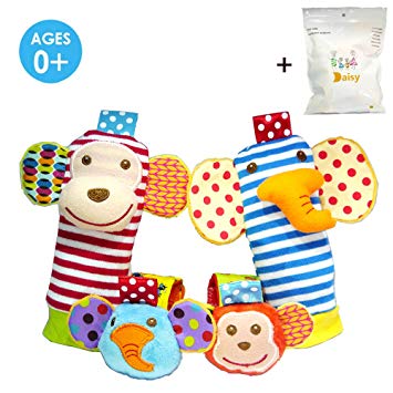 4 x Baby Infant Soft Toy Animal Wrist Rattles Hands Foots Finders Developmental Toys (Monkey and Elephant)