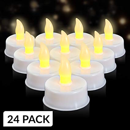 LED Flameless Tealights - Pack of 24 White Faux Tea Light Candles with Realistic Flicker - Batteries Included - by Light Me Up
