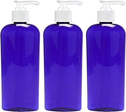 Empty Lotion Pump Bottles, 8 Ounce Oval, BPA-Free Refillable Plastic Containers, PETE1 Cobalt-Blue, Great for - Soap, Shampoo, Lotions, Liquid Body Soap, Creams and Massage Oil's (Pack of 3)