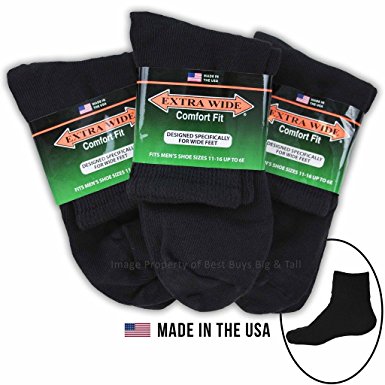 Big & Tall Men's Extra Wide Socks Athletic Quarter Size 11-16 BLACK 3-Pack #1210B
