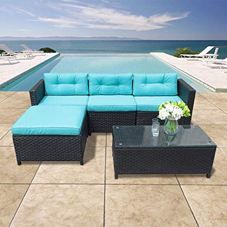 OC Orange-Casual 5 Piece Outdoor Furniture Sectional Sofa Patio Set with PE Rattan Wicker, with Blue Seat and Back Cushions, Steel Frame, Black