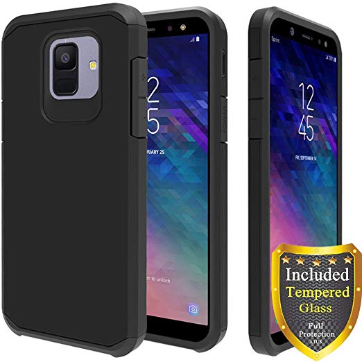 Galaxy A6 Case, Full Cover Tempered Glass Screen Protector, ATUS Hybrid Dual Layer Protective TPU Case for Samsung Galaxy A6 2018 (Black/Black)