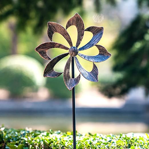 Wind Spinner Dahlia 155cm (61in) Single Blade Easy Spinning Kinetic Wind Spinner for Outside – Vertical Metal Sculpture Stake Construction for Outdoor Yard Lawn & Garden (Gold)