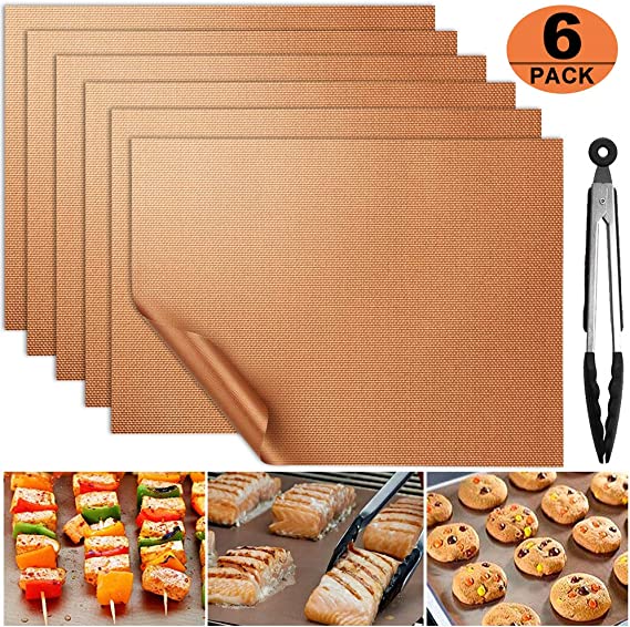 ACMETOP 6 Pack Copper Grill Mat, Non Stick BBQ Grill Mat, Reusable Grill Mats with 9 Inch BBQ Tongs, Easy to Clean Barbecue Grilling Accessories for Gas, Charcoal, Electric Grill - 16 x 13 Inch