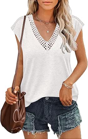 Zeagoo Women's Short Cap Sleeve Tops Lace Trim V Neck Summer Casual Tank Top Cute Cami Tops White Medium