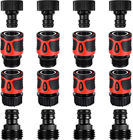 Mudder 12 Pieces 3/4 Inch Garden Hose Quick Connector Water Hose Connector Male Female Hose Connector Plastic Water Hose Adapter Fitting, 3 Sets in Total (Black Red)