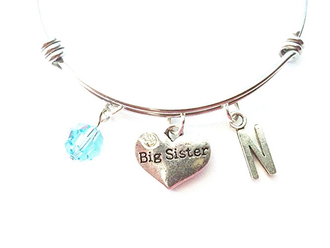 Big Sister themed personalized bangle bracelet. Antique silver charms and a genuine Swarovski birthstone colored element.