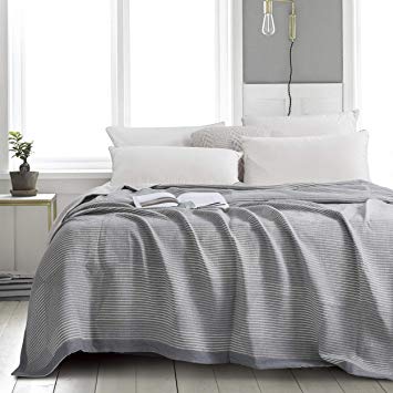 NTBAY Multilayer Muslin Natural Cotton Queen Bed Blanket, 88 x 92 Inches, Grey Striped