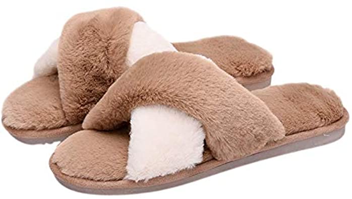 ACEVOG Women's Fuzzy Fluffy Comfy Anti-Slip Cross Band Slippers Open Toe Soft Warm House Slipper Indoor or Outdoor Cozy Plush Sandals Slides