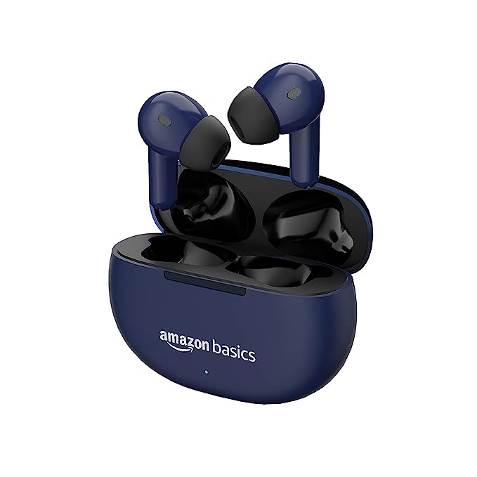 AmazonBasics True Wireless in-Ear Earbuds with Mic, Touch Control, IPX5 Water-Resistance, Bluetooth 5.3, Up to 40 Hours Play Time, Voice Assistance and Fast Charging (Blue)