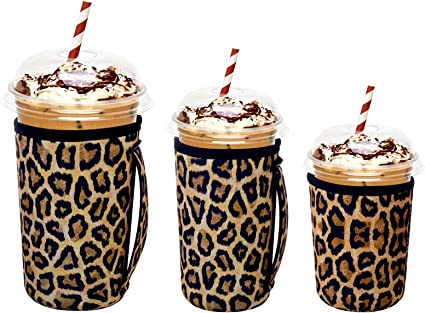 Abeillo 3 Pack Reusable Iced Coffee Sleeves 16-32oz Insulator Sleeves with Handle for Cold Drinks Beverages Drink Sleeve Holder for Popular Brands Coffee Cup (Leopard)