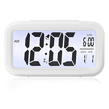 Alarm Clock, ELEGIANT Large Screen LED Digital Large Display Smart Blue Backlit Electronic Clock with Calendar Battery Operated for Travel Home Office (Temperature Display, Snooze Function) White