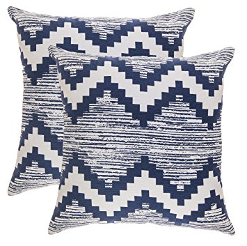 TreeWool, Soft Cotton Ikat Chevron Accent Decorative Throw Pillowcases (Pack of 2 Cushion Covers; 18 x 18 Inches; Navy Blue & White)