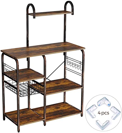 Rolanstar Kitchen Baker's Rack with 7 Storage Shelves and 12 Hooks,Foldable Pull Basket with Corner Protectors, Stable Retro Metal Frame