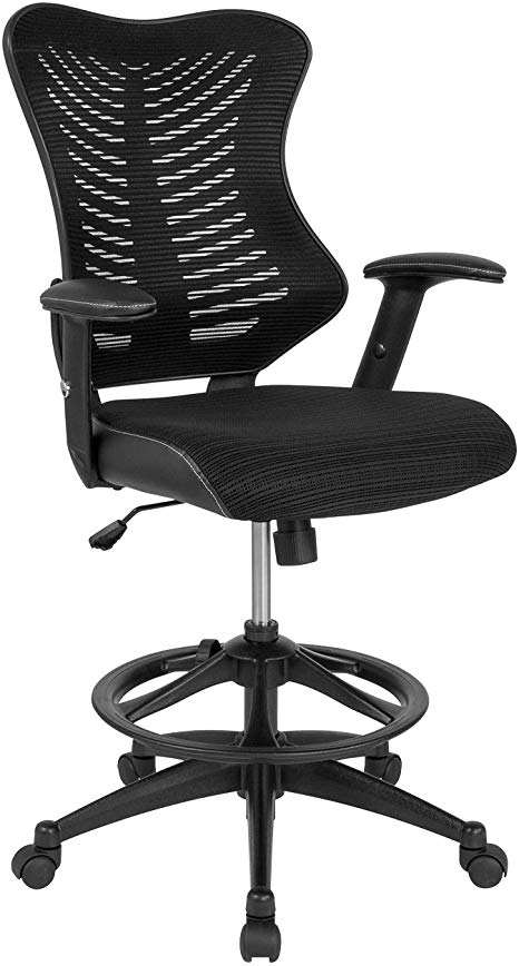 Flash Furniture High Back Designer Black Mesh Drafting Chair with Leather Sides and Adjustable Arms