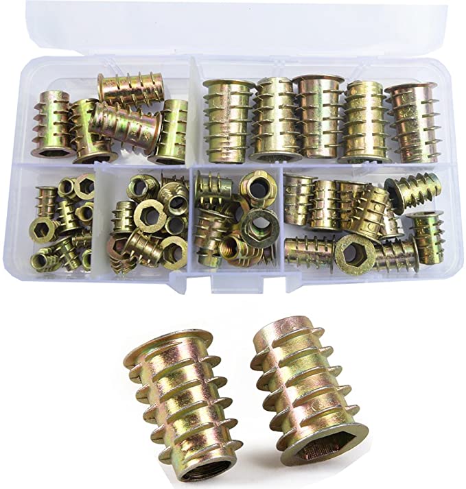 Furniture Insert Nut Connector Hex Socket Drive Head Nutsert Metric Threaded for Wood Furniture Screw Bolt Standard Fastener Hardware Assortment Kit Tool Set M4 M5 M6 M8 M10 Zinc Plated Alloy 50Pcs