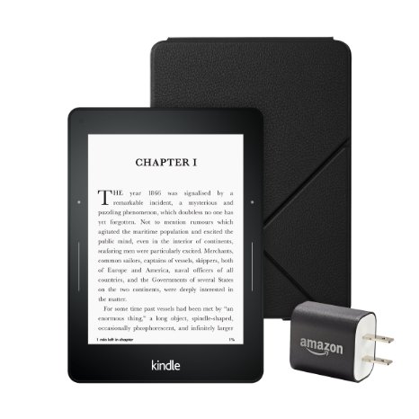 Kindle Voyage Essentials Bundle including Kindle Voyage 6" E-Reader with Special Offers, Amazon Leather Cover - Black, and Power Adapter
