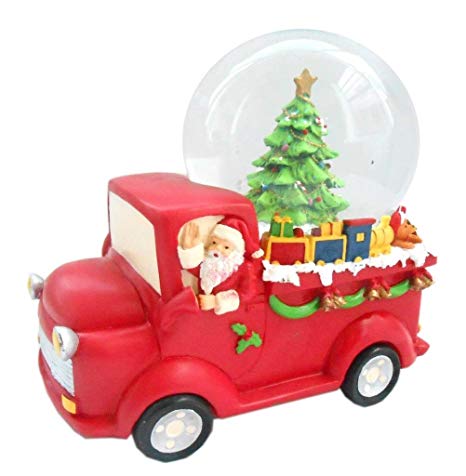 Lightahead Musical Christmas Santa Driving Truck Figurine Water Ball, Snow Globe with The Figurine Revolving in Poly Resin