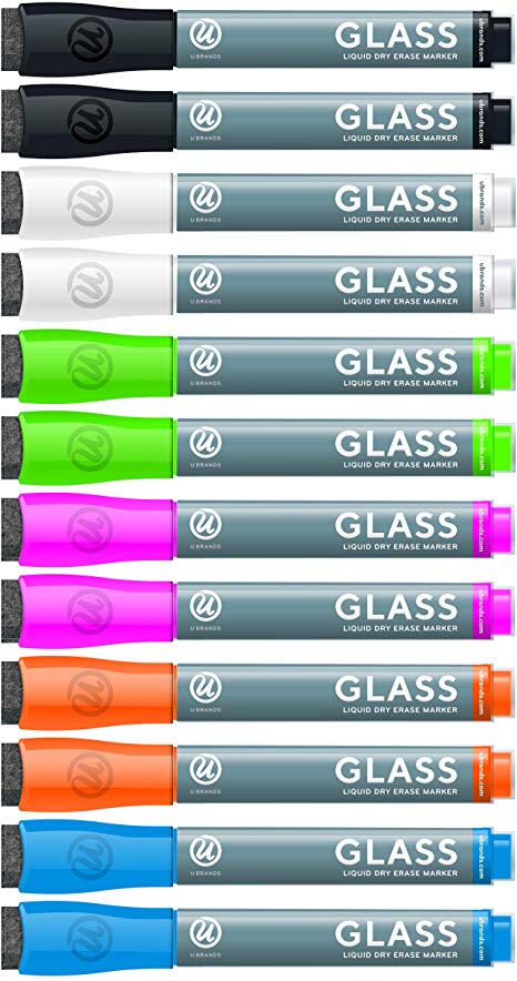 U Brands Liquid Glass Board Dry Erase Markers with Erasers, Low Odor, Bullet Tip, Assorted Colors, 12-Count