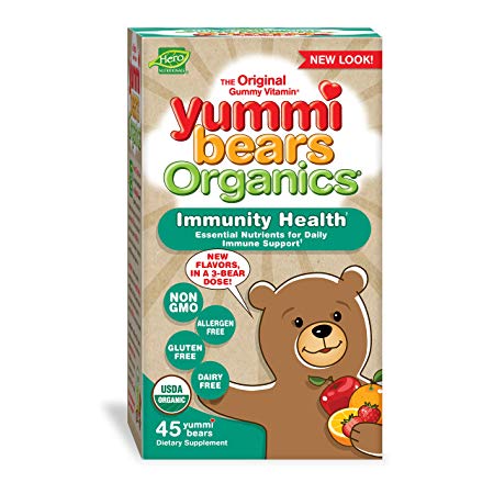 Yummi Bears Organics Immunity Health with Vitamin C, Zinc & Echinacea, Organic Gummy Vitamin for Kids, 45 Count