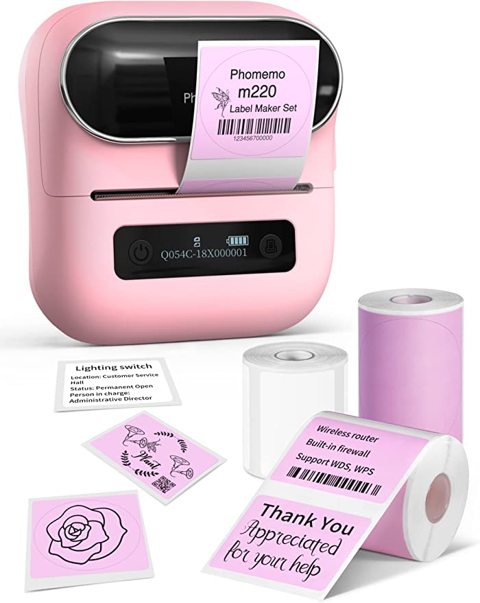 M220 Label Maker, Phomemo Label Printer, 3 Inch Bluetooth Thermal Sticker Maker Machine for Home,Office,School,Barcode Printer for Address,Mailing,Box,Cup,Compatible with Phone & PC,with 3 Rolls Label