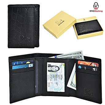 Leather Wallets for men Trifold - RFID Blocking Handmade slim Front Pocket Mens Wallet Credit Card Holder with ID Window and Gift Box By Estalon