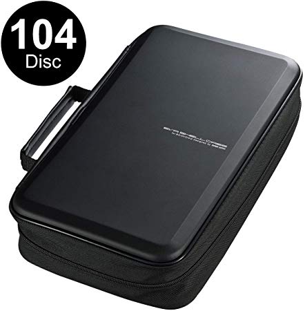 SANWA (Japan Brand) 104 Large Capacity CD Case, Portable DVD/VCD Storage, EVA Protective Blu-ray Wallet, Binder, Holder, Booklet with Attached Handle for Car, Home, Office, Travel (Black)