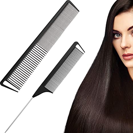 2 Pieces Carbon Fiber Combs Rat Tail Comb Wide and Fine Teeth Comb Salon Hairdressing Hair Care Tools for Men and Women with Different Kinds of Hairs