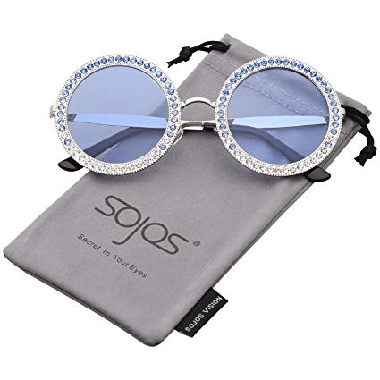 SOJOS Round Rhinestone Sunglasses for Women Metal Frame Diamond Shades SJ1095