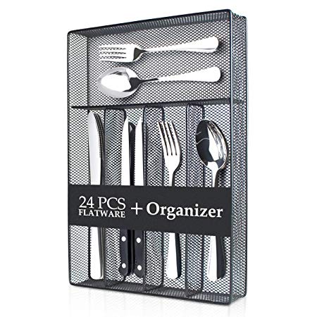 Teivio 20-Piece Silverware Set, Flatware Set Mirror Polished, Dishwasher Safe Service for 4, Include Knife/Fork/Spoon with 4 Steak Knife and Wire Mesh Steel Cutlery Holder Storage Trays
