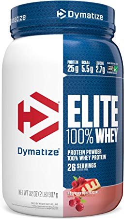 Dymatize Elite 100% Whey Protein Powder, Take Pre Workout or Post Workout, Quick Absorbing & Fast Digesting, Raspberry Cheesecake, 2 Pound