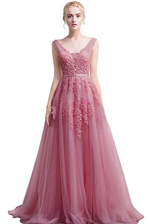 Babyonline Women's Double V-neck Tulle Appliques Long Evening Cocktail Gowns