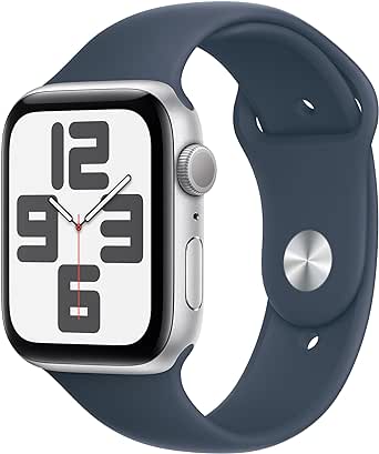 Apple Watch SE (2nd Gen) [GPS 44mm] Smartwatch with Silver Aluminum Case with Storm Blue Sport Band S/M. Fitness & Sleep Tracker, Crash Detection, Heart Rate Monitor