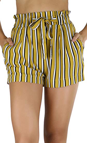 ToBeInStyle Women's Solid and Multi-Stripe Woven Paperbag Shorts