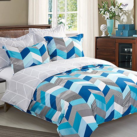 NTBAY 5 Pieces Reversible Fashionable and Simple Geometric Pattern Printed Microfiber Duvet Cover Set with Hidden Zipper, Soft & Breathable (Queen,Blue)