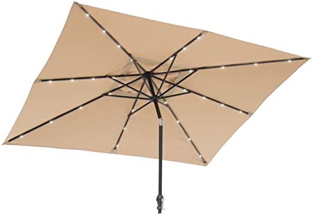 Sun-Ray 811027 9'x7' Rectangular 8-Rib Solar Patio Umbrella, 32 LED Lights, Crank and Tilt, Aluminum Frame, Taupe/Beige