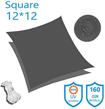 KUD Shade 12'x12' Square Dark Gray Waterproof Sun Shade Sail Canopy Perfect for Outdoor Garden Patio Permeable UV Block Fabric Up to 90% UV Protection