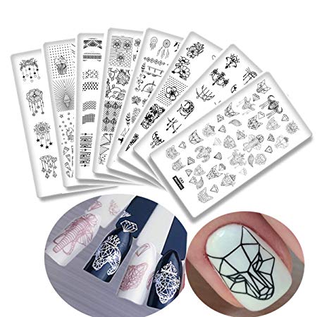 8Pcs Elephant Diamond Nail Stamping Plates Cartoon Animals Geometric Symbol Texture Lace Floral Nail Stamp Plate Ethnic Template Rectangle Nail Art Image Plate
