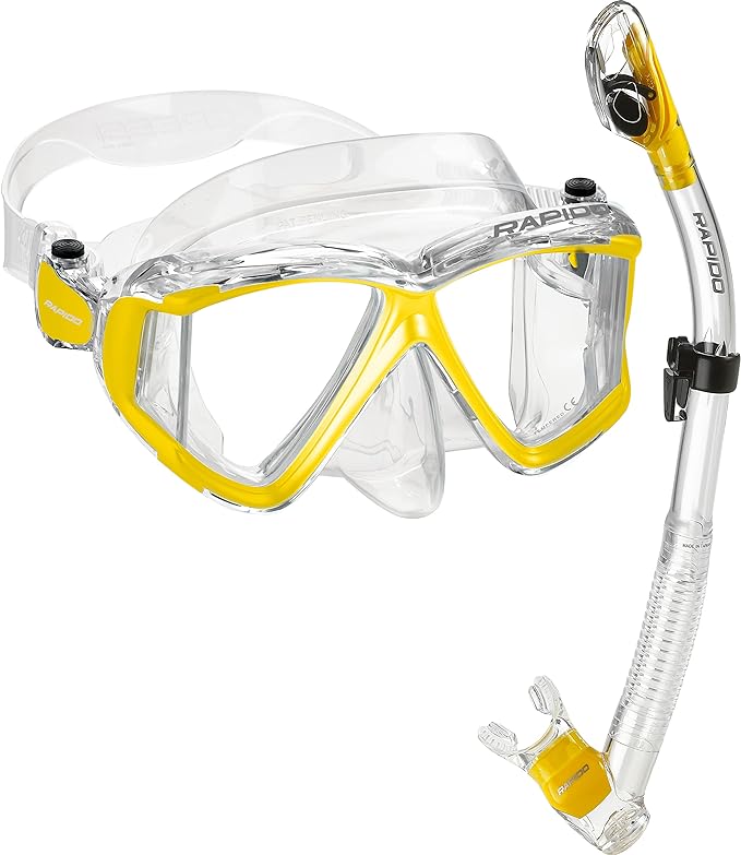 Italian Design Panto-180 Premium Tempered Glass Lens Anti-Fog Panoramic Side-View Snorkel Mask, Superior Dry Snorkel Tube, Snorkeling Mask Snorkel Set