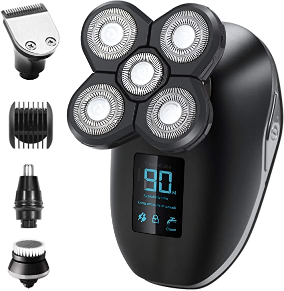 OriHea Head Shavers for Bald Men Electric, 5 in -1 Wet and Dry Head Shavers Razor Rotary Cordless Hair Clippers Beard Trimmer Nose Facial Cleansing Brush Waterproof Rechargeable led Display-(Silver)