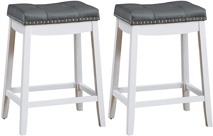 COSTWAY Set of 2 Saddle Stools, Backless Counter Height Stool with Footrest, Nailhead Barstool with Wood Legs and Non-Slip Foot Pads, Soft Seat Cushion for Home Kitchen (Stone Gray White, 24)