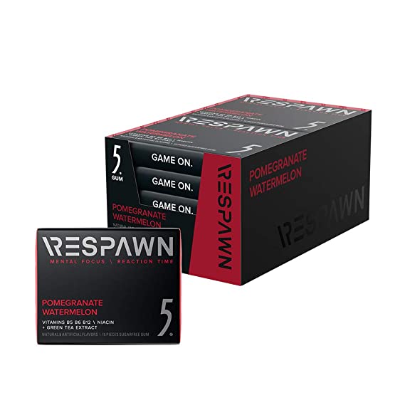 RESPAWN by 5 Sugar Free Focus Chewing Gum Sticks 10 Pack For Gamers. By Gamers, Pomegranate Watermelon, 15 Count