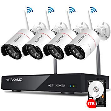 YESKAMO Security Camera System Wireless CCTV 8CH Auto Pair NVR Recorder with Outdoor 4pcs 1080P Wifi IP Cameras 2.0 Megapixel Home Video Surveillance Kit Pre-installed 1TB HDD for 24/7 Recording