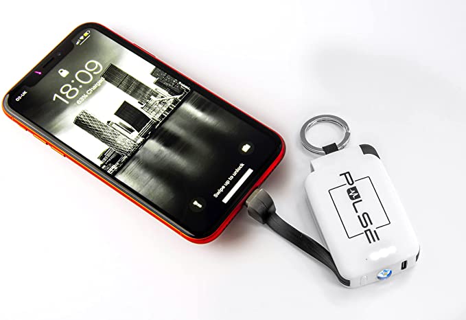 Pulse Small Light Key Ring Emergency Power bank - Cute Mini 2000mAh portable compact key chain charger battery; two built in cables for both iPhone & Android. Lightning & Type C…