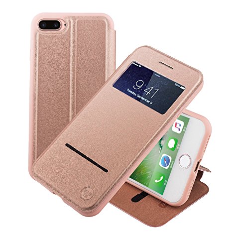 Nouske Swipe Case for iPhone 7 Plus with Stand/Window View /Magnetic Closing/TPU bumper/Flip Full Cover Rose Gold
