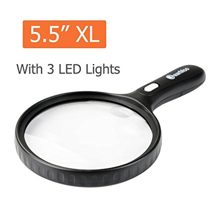 Large Magnifying Glass with Light- 5.5 Inch Lens-2X Magnifier with 5X Zoom -with 3 Bright LEDs Illuminated magnifier - Scratch Resistant-BearMoo Handheld Magnifier for Reading, Inspection, Hobbies, Crafts