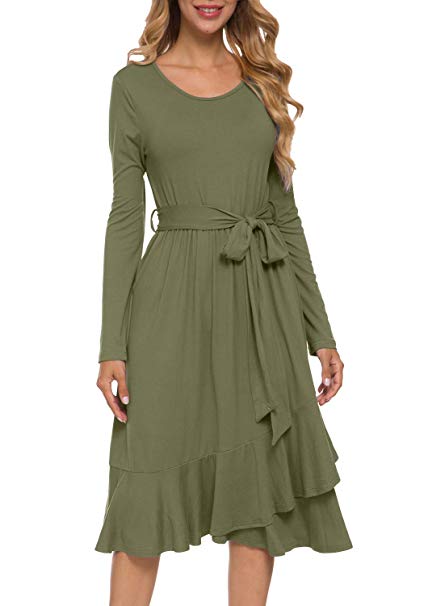 levaca Women's Plain Long Sleeve Flowy Modest Midi Work Dress with Belt