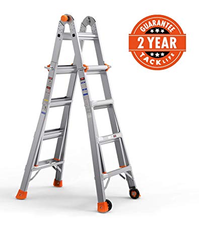 TACKLIFE Ladder 17-Foot Aluminum Multi-Purpose Extension Ladder with 300lbs Load Capacity Non-Slip Rubber feet with 2 Durable Wheels Under Easy to Carry LD01A