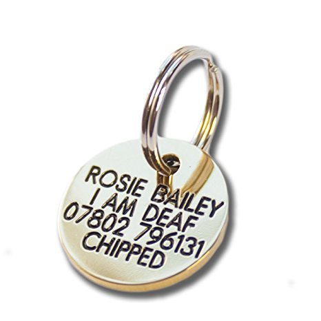 Deeply engraved solid brass 21mm circular pet tag