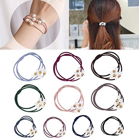 Funtopia 20 Pcs Pearl Hair Ties 10 Colors Hair Ring with Beads Hair Bands Ropes Hair Elastic Bracelet Ponytail Holder Korean Hair Accessories for Women and Girls